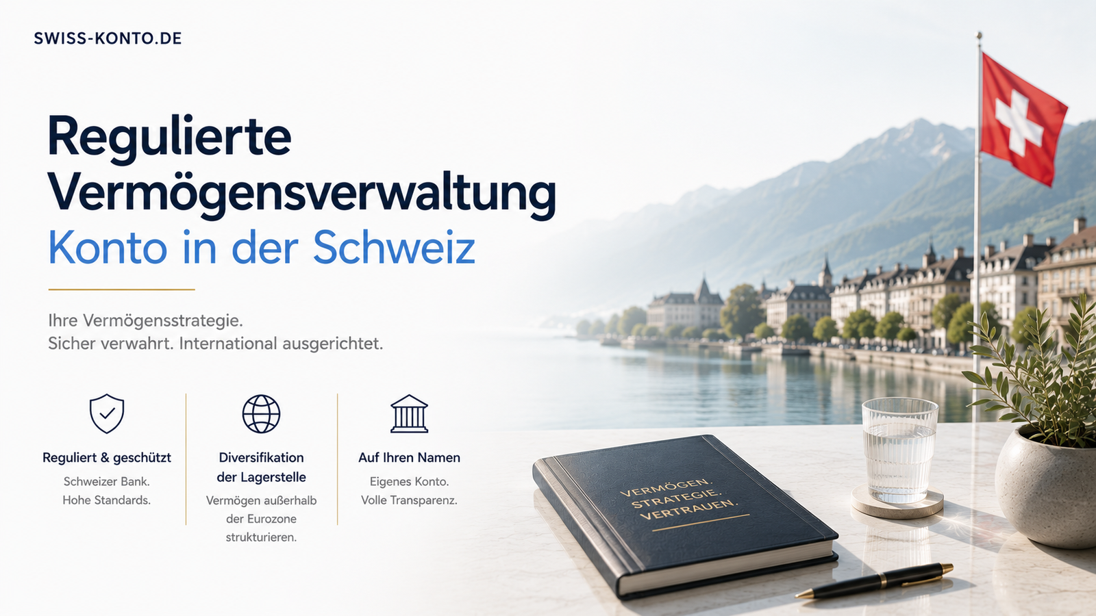 Schreibtisch am Fenster mit Notizbuch und Füller, im Hintergrund ein See mit Bergen